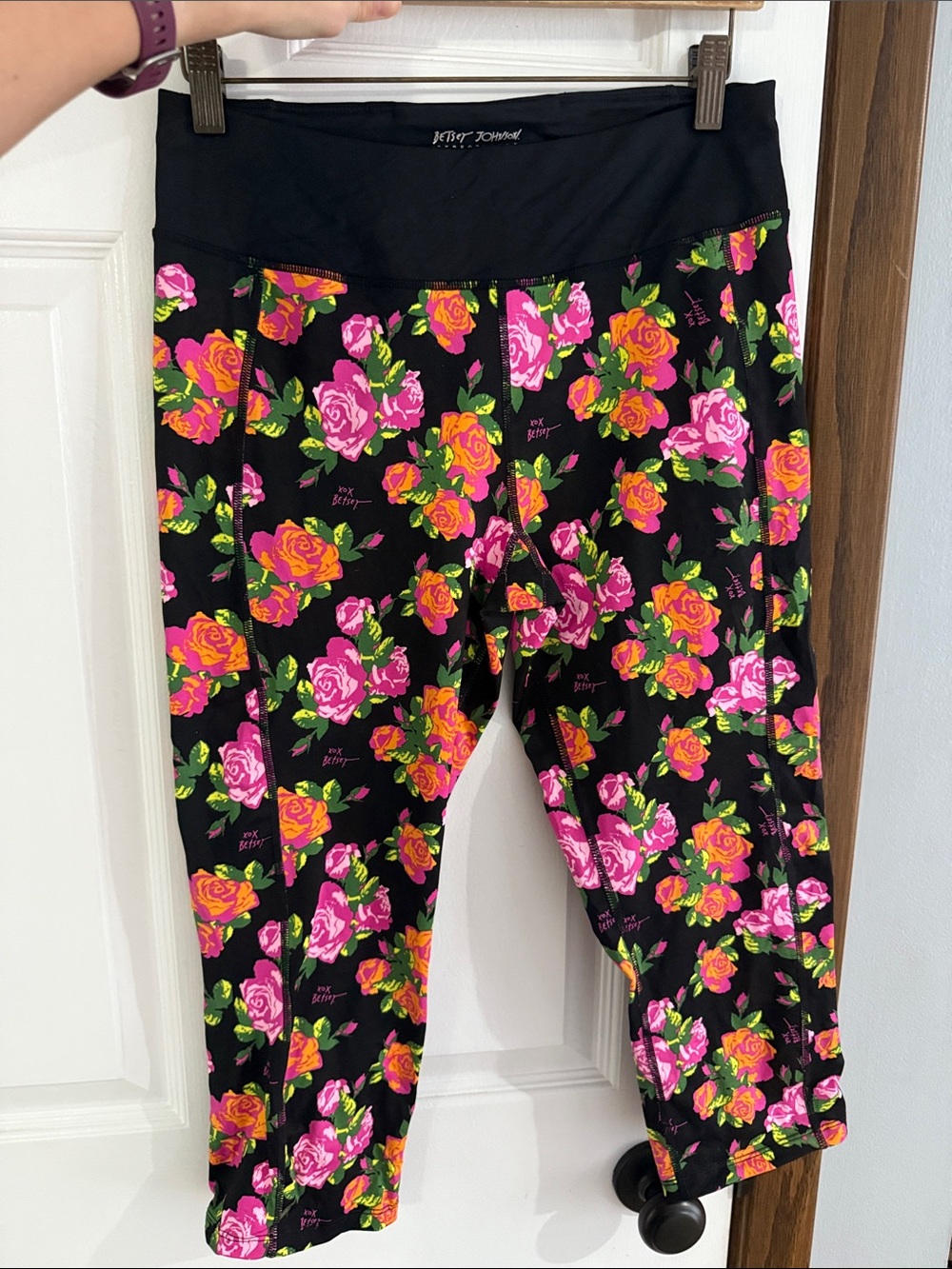 Betsey Johnson Floral Active Capri Leggings - Black with Pink & Orange Roses